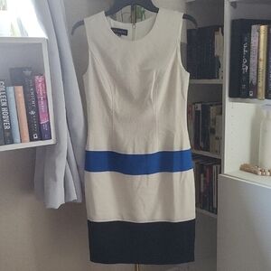Jones New York Cream, Blue, and Black Midi Dress